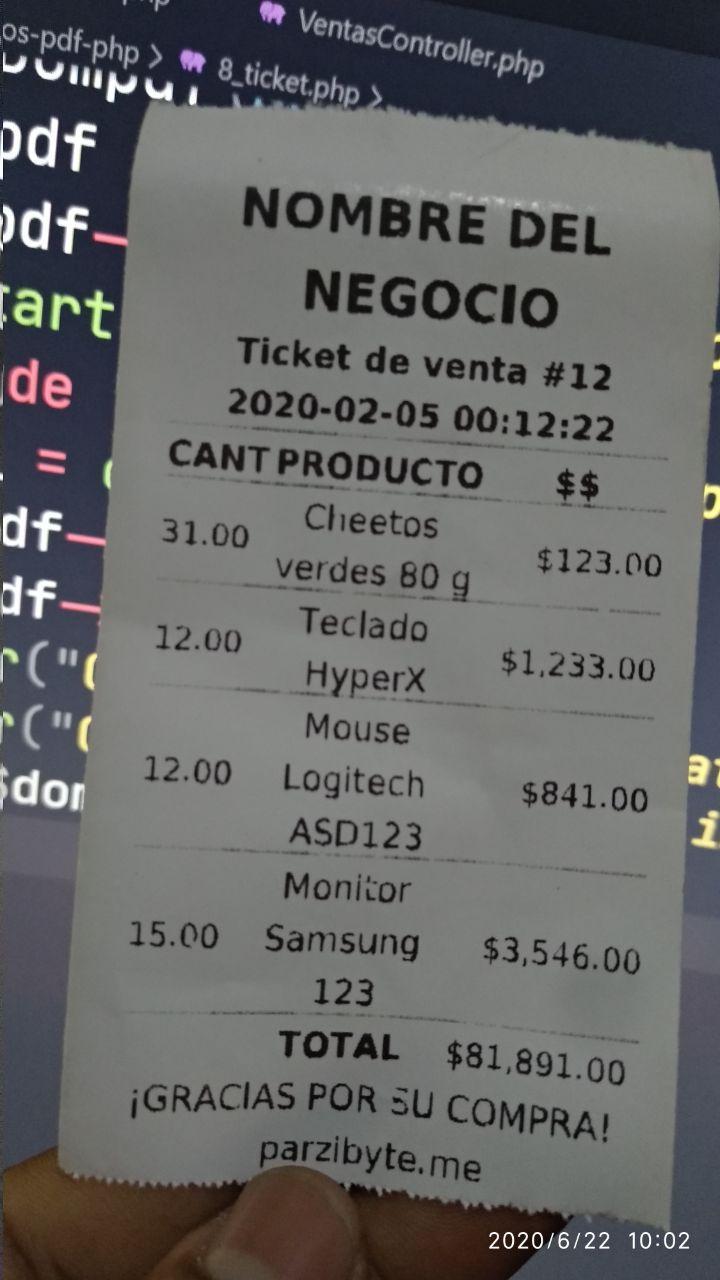 Ticket PDF impreso en impresora térmica