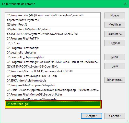 Agregar dep a variable PATH en Windows 10