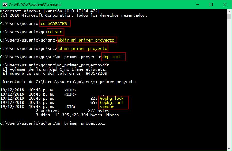 dep init para crear nuestro primer proyecto con Go
