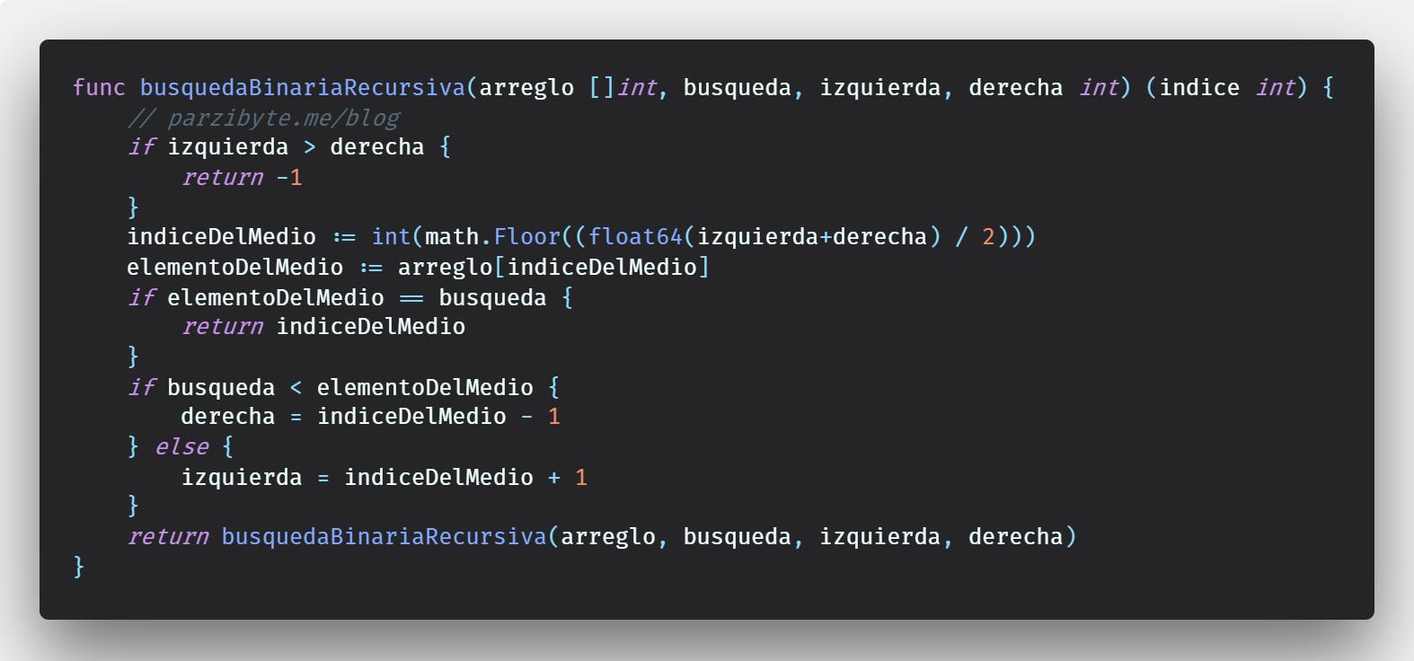 Búsqueda binaria recursiva Golang