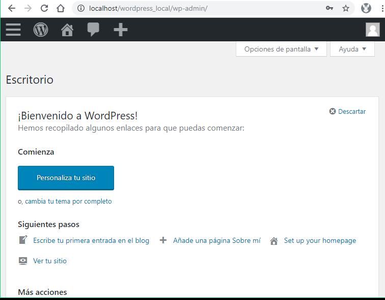 Pantalla de bienvenida de WordPress - última versión