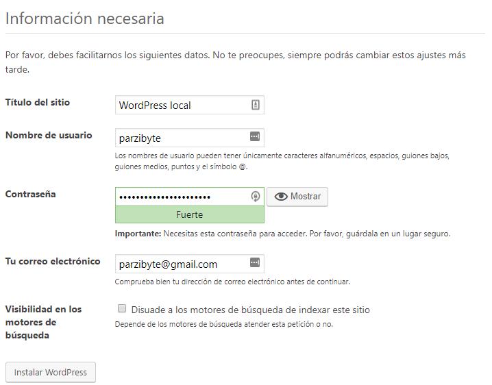 Rellenar información, usuario, correo, contraseña y título de WordPress