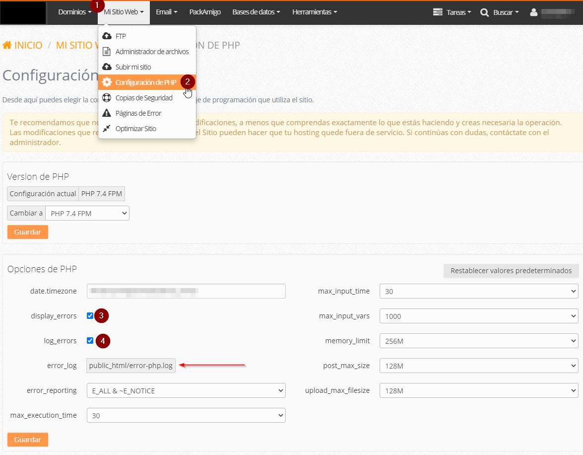 Mostrar errores de Apache y PHP en Ferozo