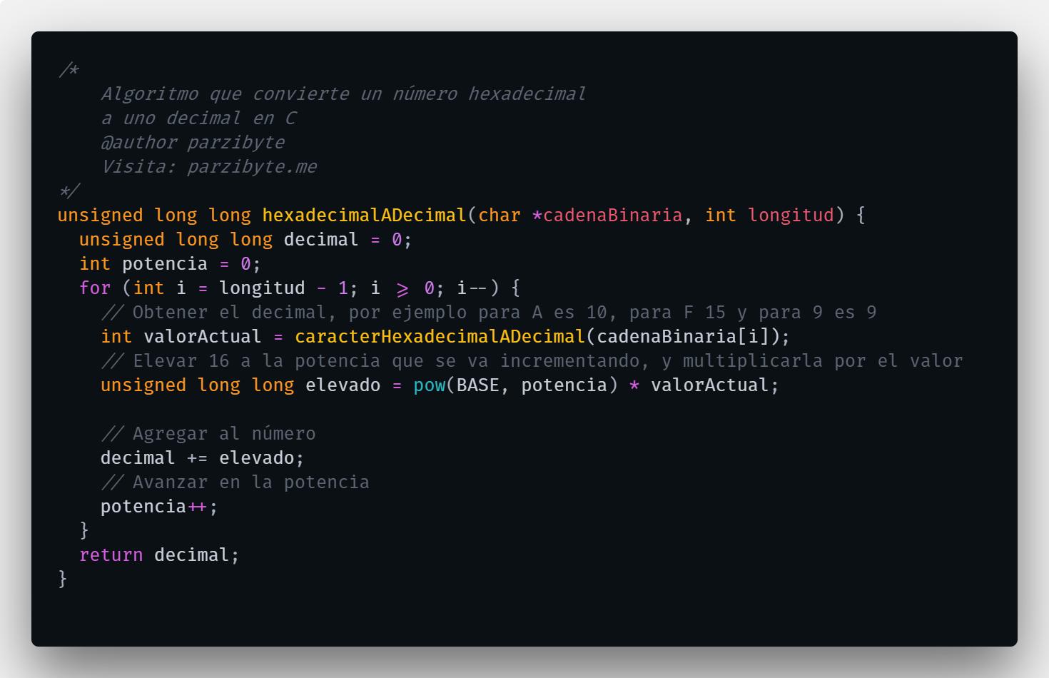Hexadecimal a decimal en C
