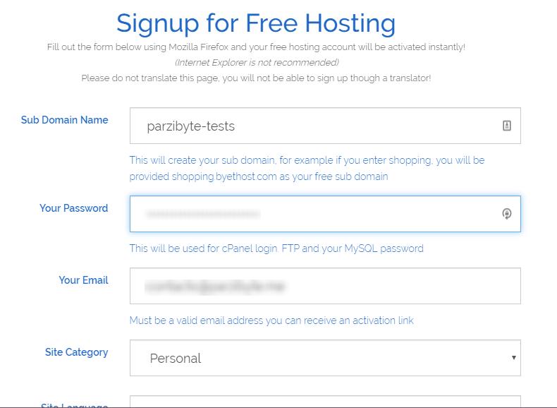 Crear nueva cuenta de hosting gratuito