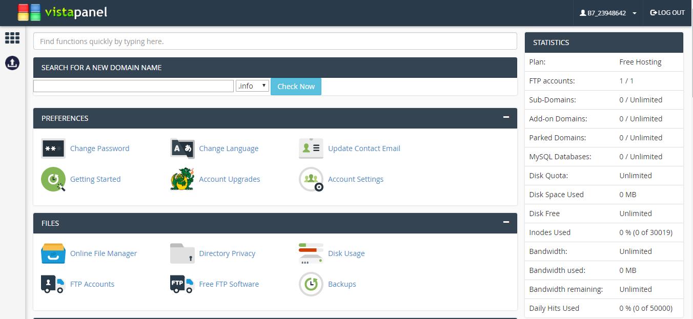 Panel de control de hosting gratuito