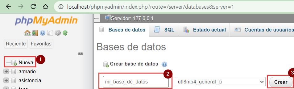Crear base de datos en phpmyadmin para aplicar respaldo