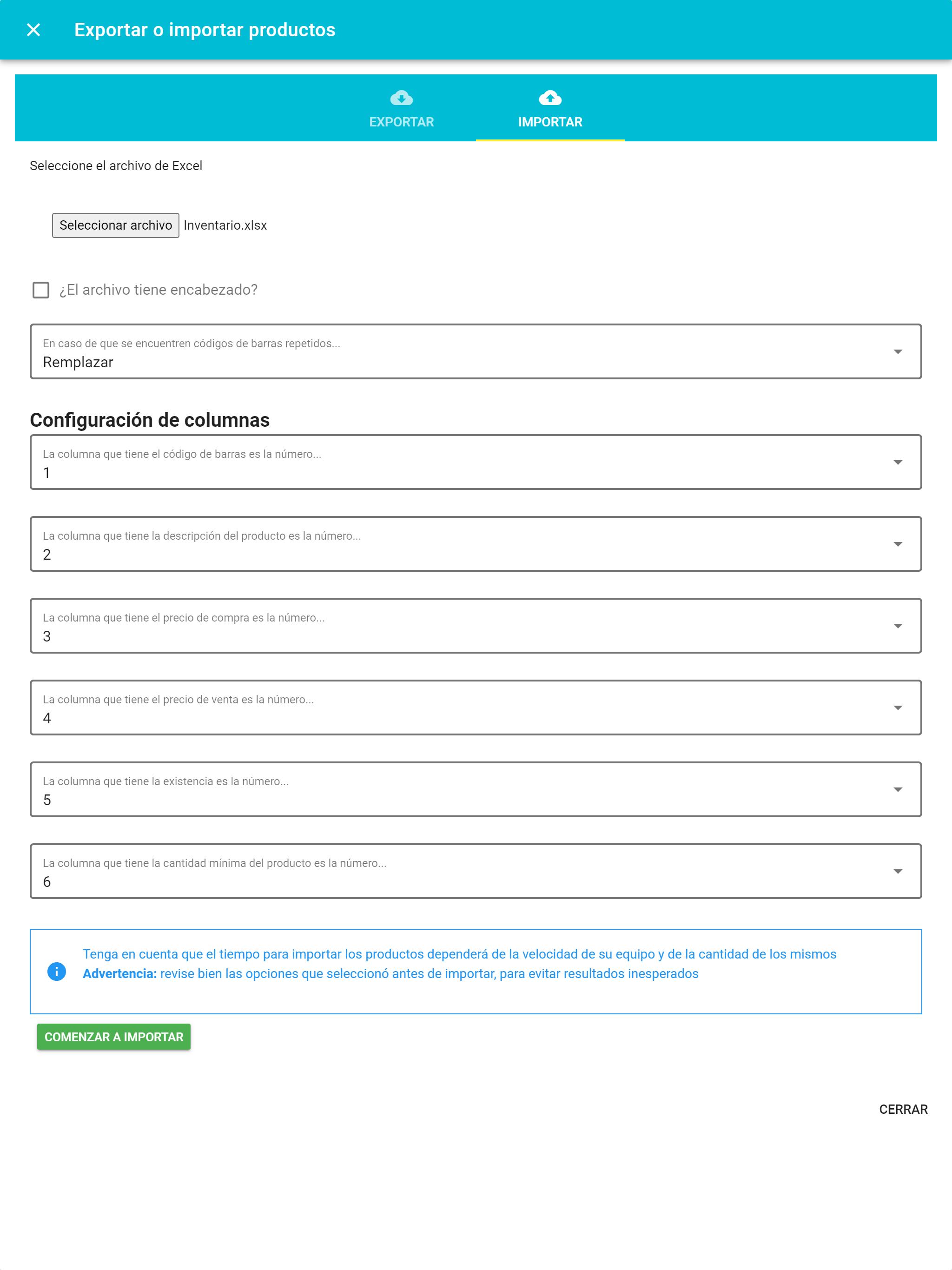 Importar productos a punto de venta gratuito para Windows