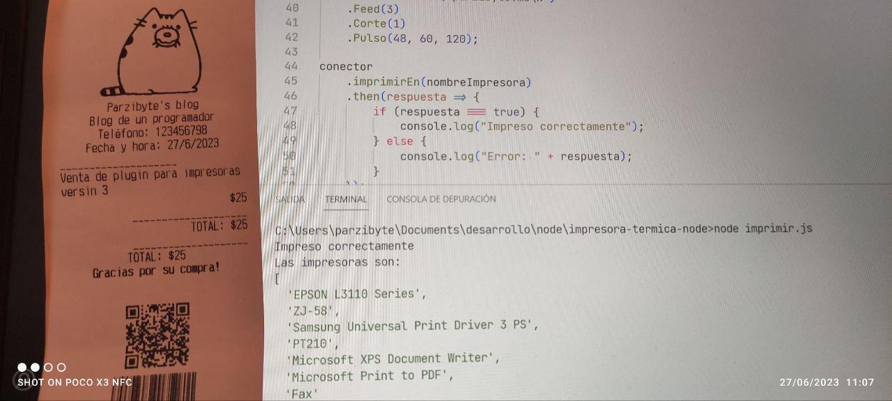 Recibo impreso en impresora térmica con comandos ESC POS usando Node.js y JavaScript
