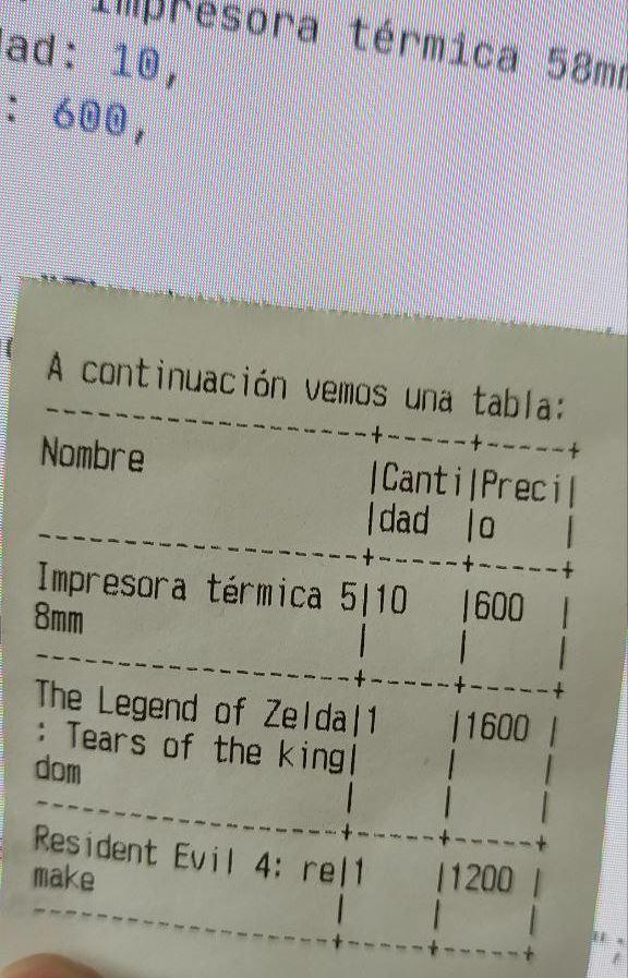 Tabla impresa en impresora térmica