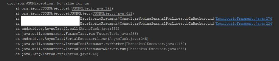 Resultados al imprimir stacktrace en log de android