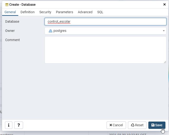 Creando base de datos para control escolar con PostgreSQL desde pgAdmin