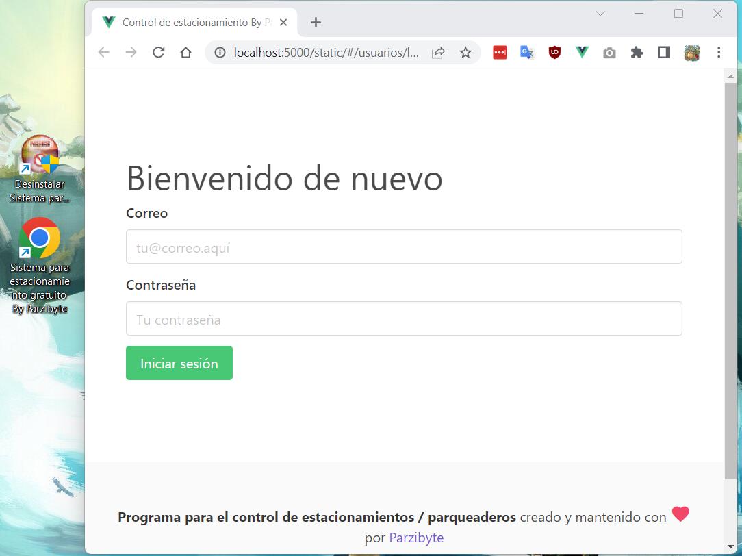 Sistema parqueadero instalado correctamente con acceso directo y opción para desinstalar