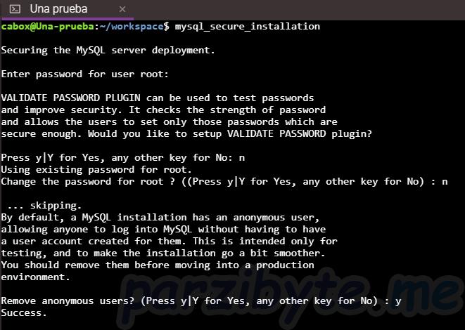 Paso 4 - Parte 1 de configuración con mysql\_secure\_installation
