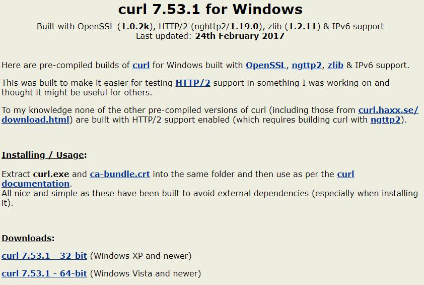Página para descargar cURL en Windows