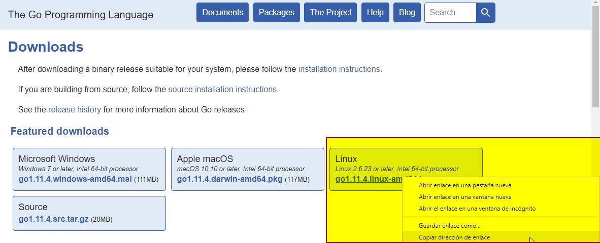 Copiar enlace de Go para instalarlo en Linux