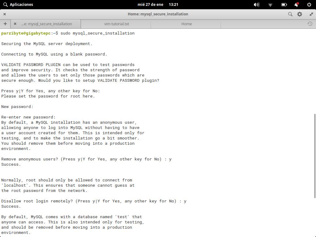 Asegurando instalación de MySQL con mysql\_secure\_installation