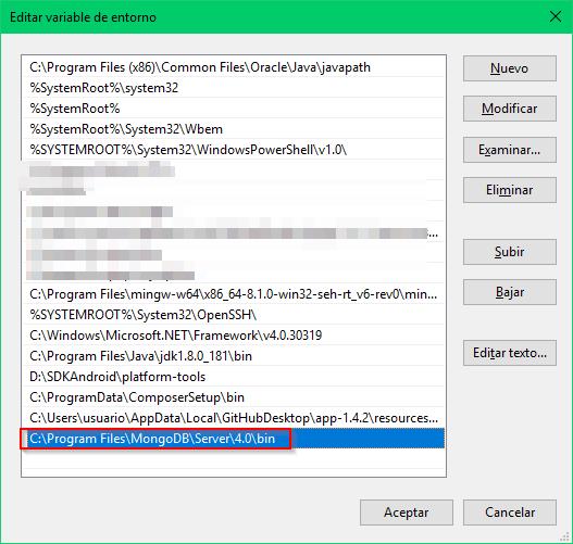 Directorio bin de MongoDB agregado a PATH de Windows
