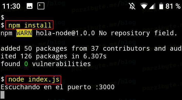 5 - Instalar dependencias con npm install y ejecutar servidor de Node en Android con Termux