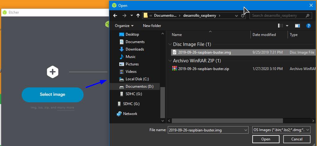 Seleccionar imagen raspbian buster en balenaEtcher