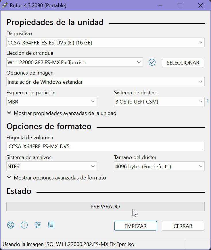 Rufus para W11 sin TPM ni UEFI