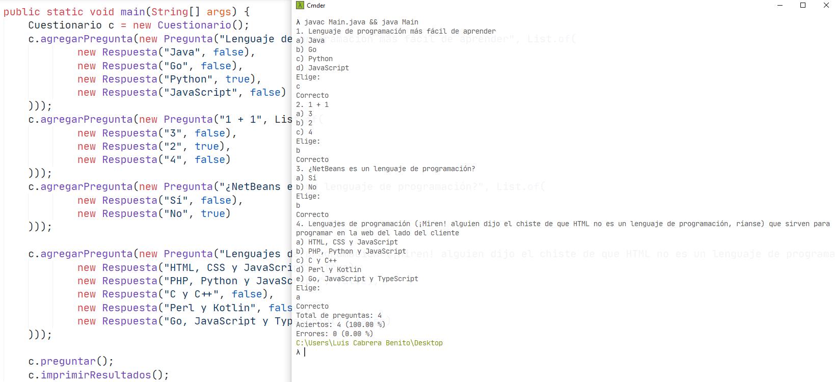 Java - Implementación de un cuestionario o examen con preguntas, respuestas y resultados de aciertos con porcentajes