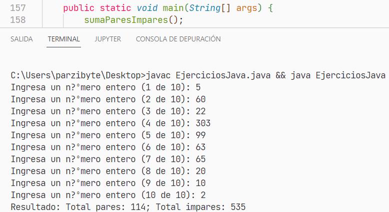 Ejercicio resuelto con Java - Sumar pares e impares
