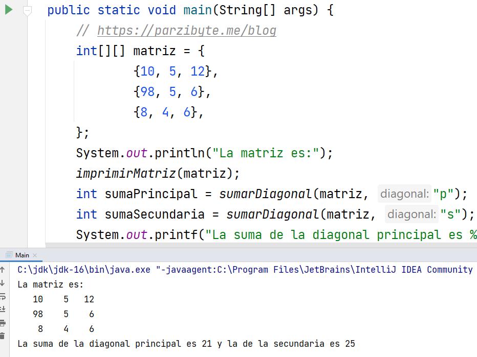 Sumar diagonales de matriz en Java - Programación