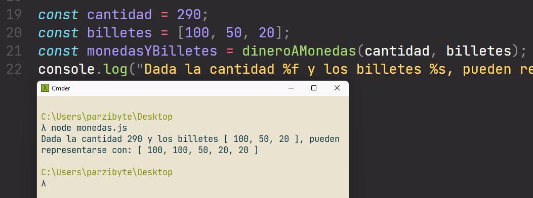 JavaScript - Convertir cantidad de dinero a monedas y billetes de distinta denominación