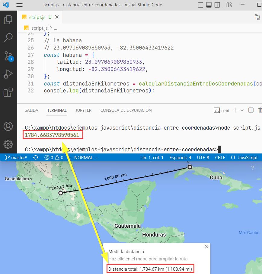 Distancia entre 2 coordenadas con JavaScript usando fórmula de Haversine
