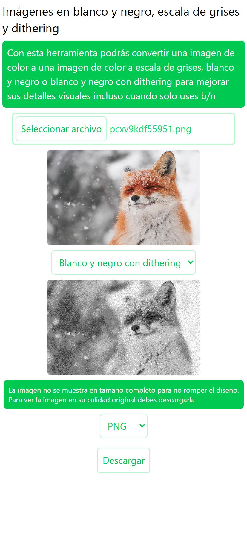Captura de pantalla de la herramienta online para convertir imágenes a blanco y negro, escala de grises y B&N con Dithering