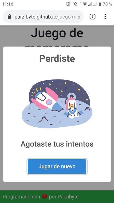 Intentos del juego de memorama agotados