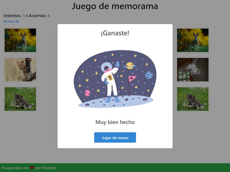 Lo que se muestra cuando el usuario gana la partida de memorama con JavaScript