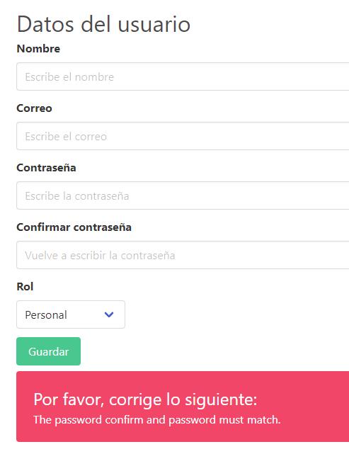 Validar confirmación de contraseña con Laravel - Confirmar contraseña