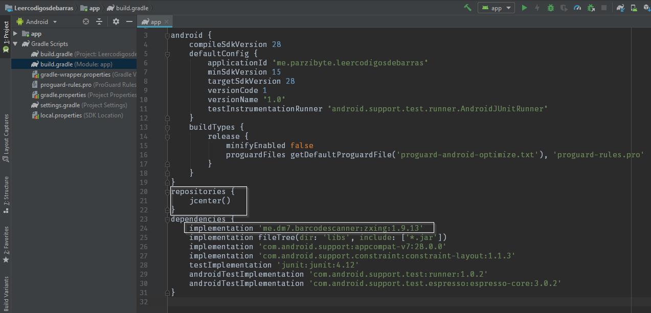 Archivo gradle implementando barcodescanner zxing