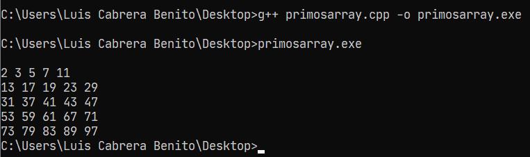 Llenar arreglo - matriz con números primos en C++