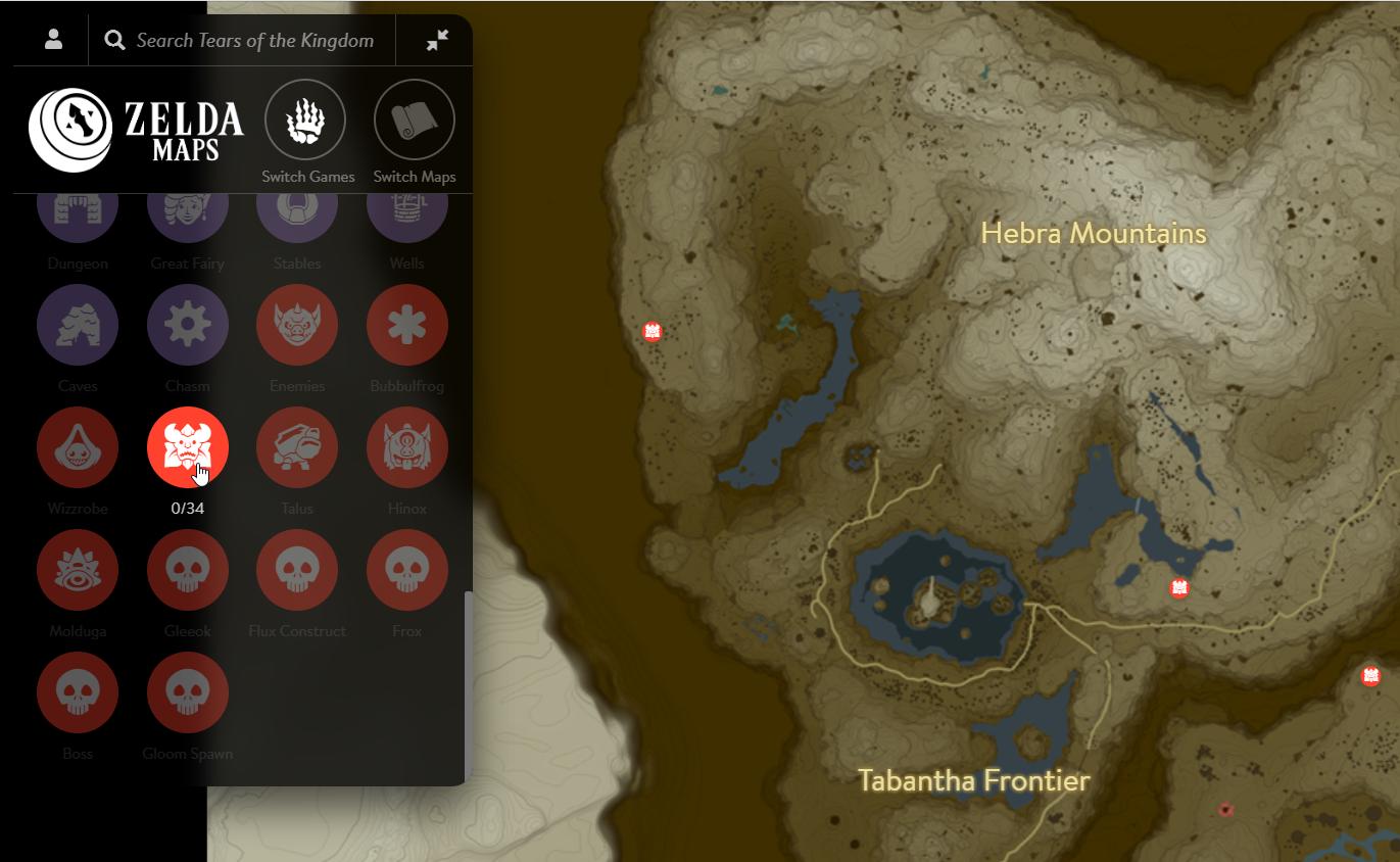 Tears of the Kingdom - Mapa completo para mostrar enemigos