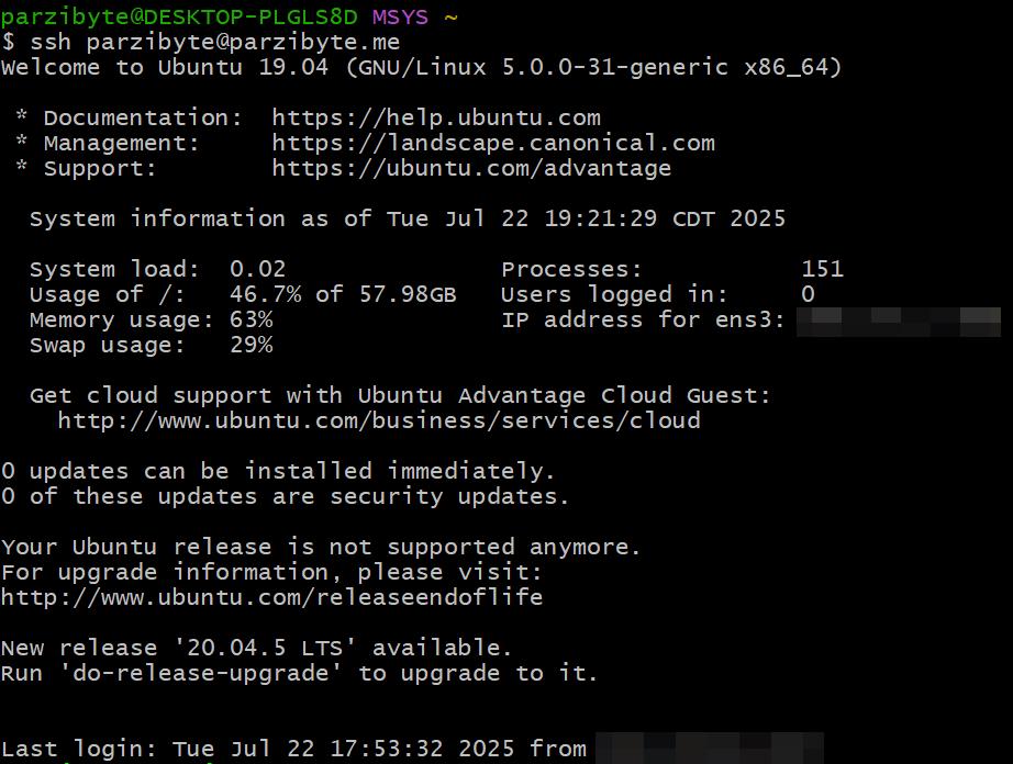 Captura que muestra el inicio de sesión exitoso a un servidor Ubuntu