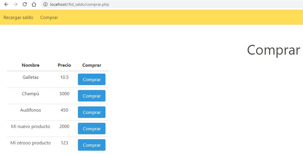 Interfaz para comprar productos en PHP usando tarjeta RFID con saldo