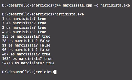 Salida de la función para comprobar si número es narcisista en C++