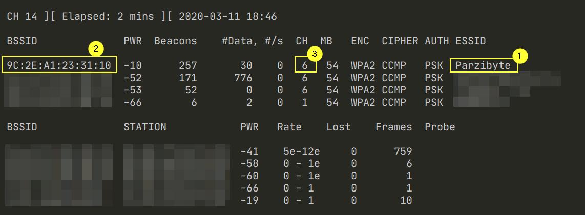 Obtener redes disponibles con airodump-ng. Obtener BSSID con canal
