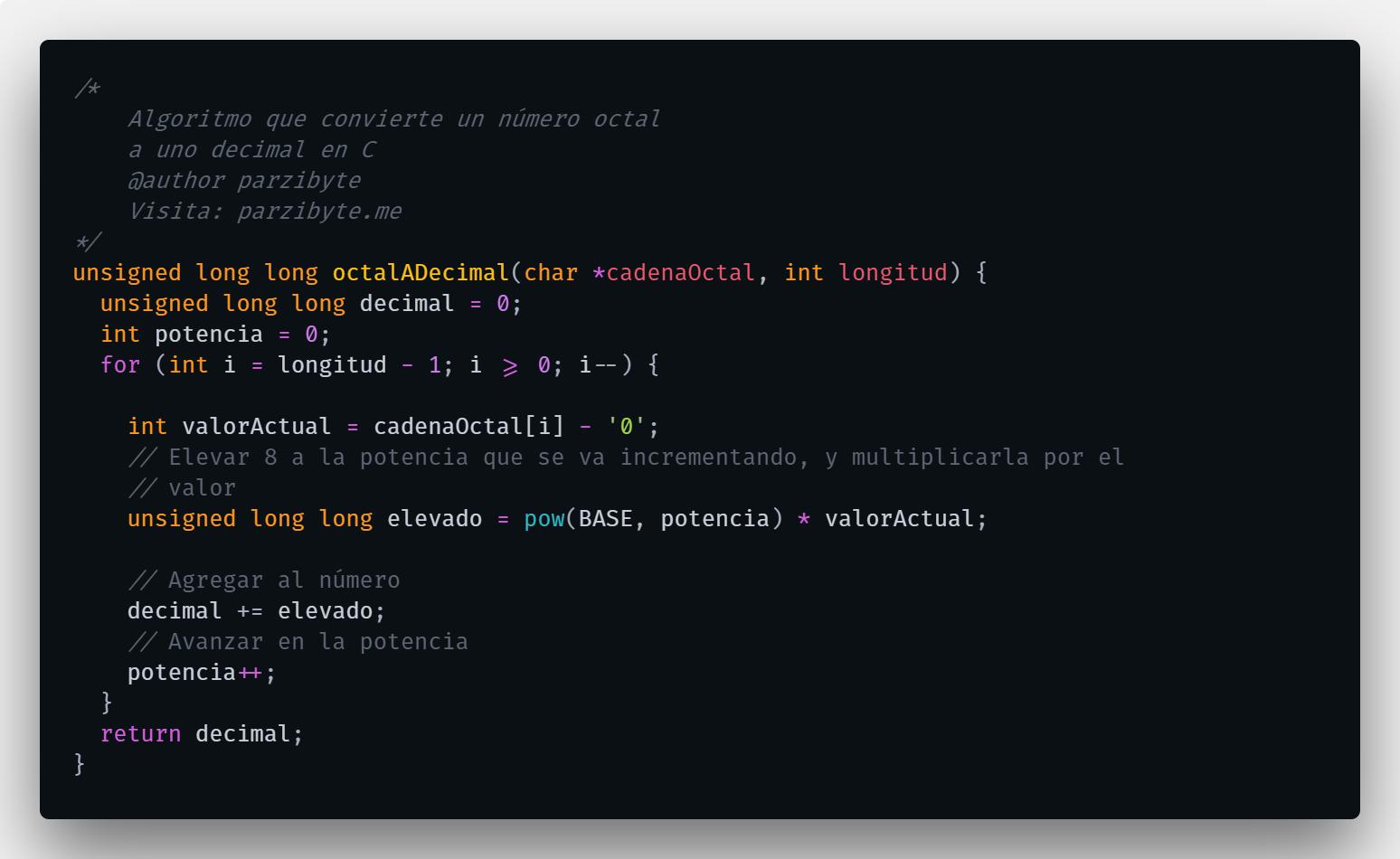 Octal a decimal en C