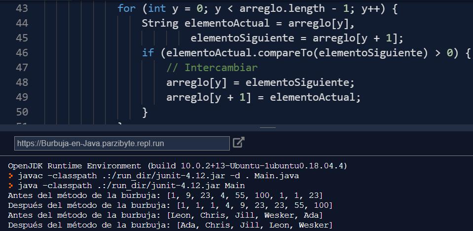 Ordenamiento de burbuja en Java - Ejecución del código