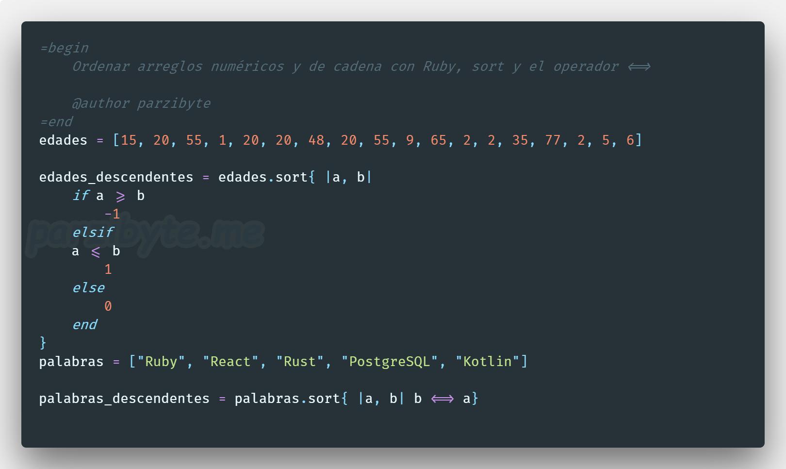 Ordenar arreglos en Ruby, arreglos de cadenas y numéricos de forma ascendente y descendente