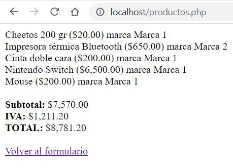 Recibo de compra con PHP en ejercicio resuelto - Subtotal, IVA y total