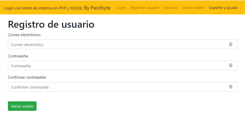 Registro de usuarios - Ejemplo de inició de sesión con PHP usando límite de intentos