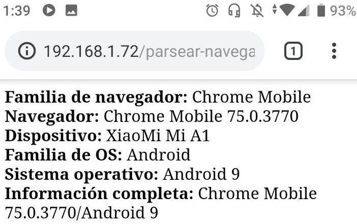 Navegador Chrome sobre Android 9