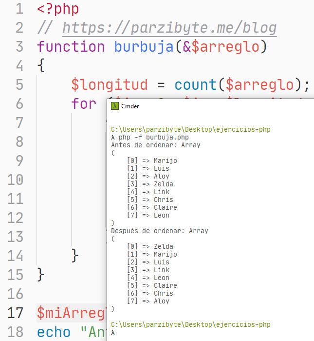 Arreglo de cadena ordenado con PHP y método de burbuja