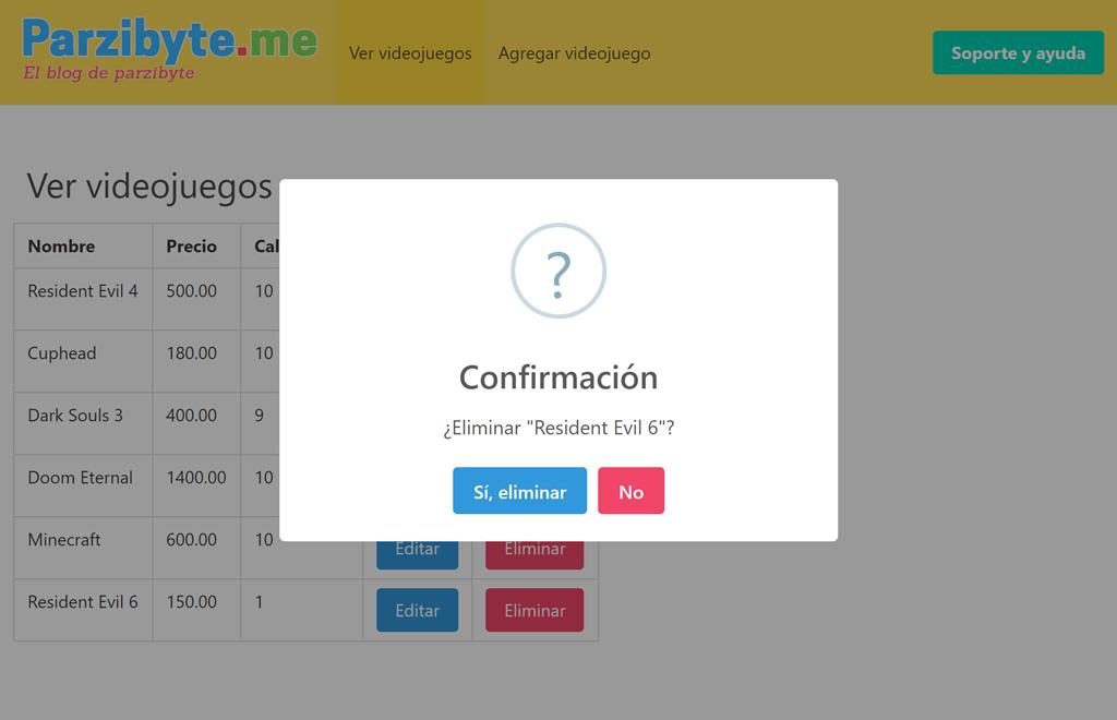Operación HTTP DELETE con React y PHP - Eliminar videojuego