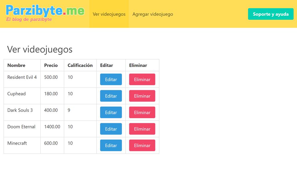 Tabla de datos con React y PHP - listado de videojuegos